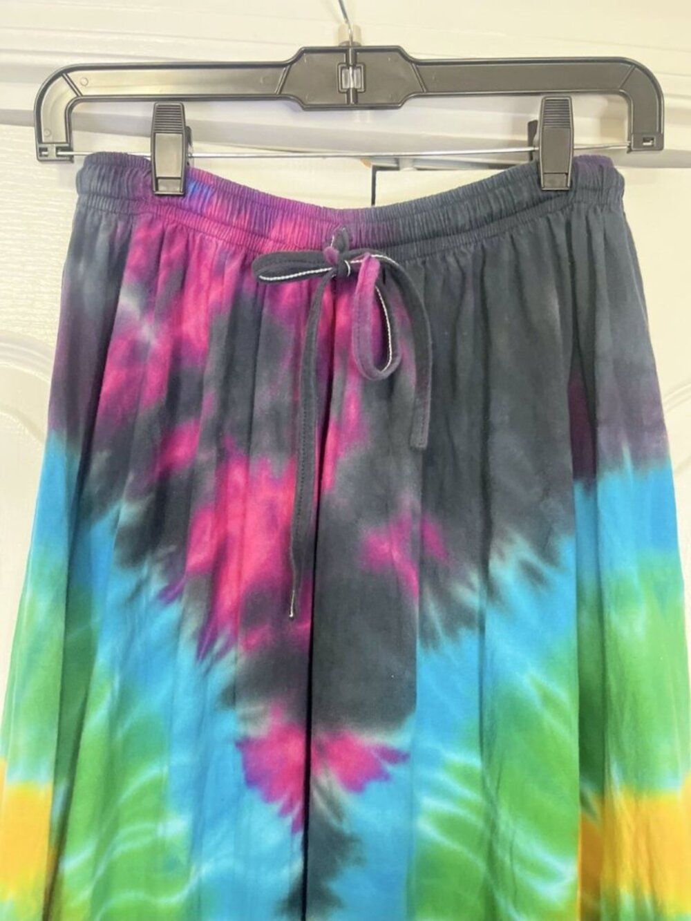 Boho Tie Dye Wide Leg Pants OS Ruffle Tiered Cotton Flare Stretch Drawstring - Picture 3 of 7